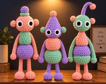 Häkelanleitung für ein Alien (PDF), Set mit dicken Amigurumi-Aliens, 3 niedliche Spielzeugmuster, digitaler Download