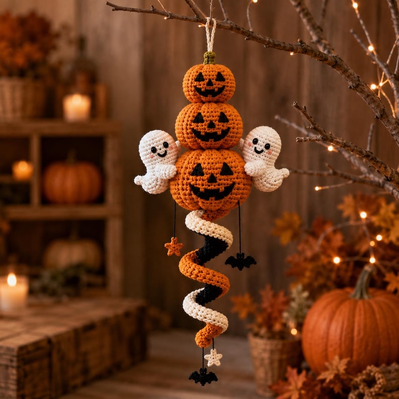 May include: A hanging crochet decoration featuring three stacked orange jack-o'-lanterns with black stitched faces, flanked by two small white ghosts. Below the pumpkins is a spiral tail in orange, black, and white, accented with small black bats and stars.