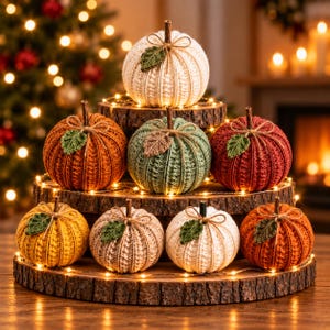 May include: A collection of nine crocheted pumpkins in various colors including cream, orange, sage green, red, yellow, and beige. Each pumpkin features a ribbed texture, a small brown stem, a twine bow, and a single green crocheted leaf.