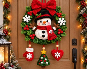 Häkelanleitung für einen Weihnachtskranz, PDF-Anleitung für einen Amigurumi-Schneemann als Wandbehang, Tutorial für einen Türhänger