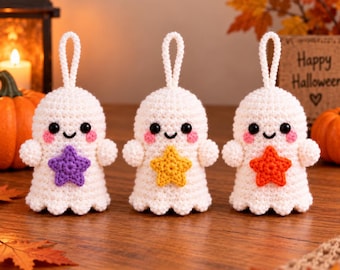 Crochet Ghost Keychain Pattern PDF Halloween Amigurumi Bundle 3 Star Ghosts