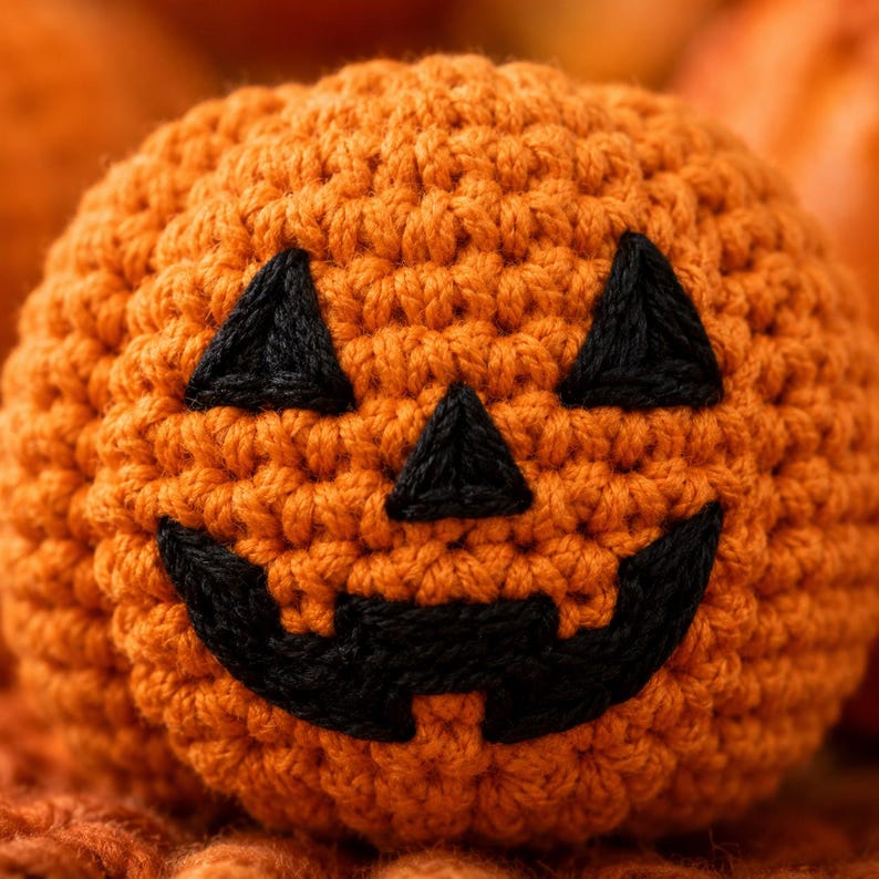 May include: A round, orange, crocheted pumpkin featuring a stitched black yarn face. The jack-o'-lantern design includes two triangular eyes, a small triangular nose, and a wide, jagged, smiling mouth, all crafted with black yarn on the textured surface.