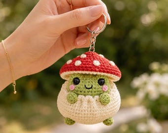 Häkelanleitung für einen Pilzfrosch (PDF), Amigurumi-Schlüsselanhänger-Tutorial, süßer Taschenanhänger, einfacher Download für Anfänger