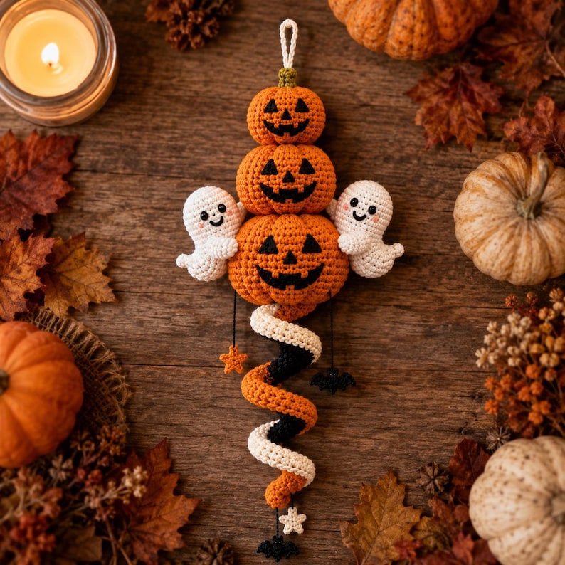May include: A vertical crochet hanging decoration featuring three stacked orange jack-o'-lanterns with black stitched faces, flanked by two small white ghosts. A spiral tail in orange, black, and white extends downward with small star and bat accents.