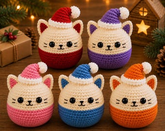 Häkelanleitung für eine Weihnachtskatze, 5-in-1-Weihnachtsmann-Amigurumi-Schlüsselanhänger (PDF-Anleitung)