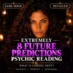 Könnte beinhalten: Eine digitale Grafik mit einer Person mit langem, dunklem, lockigem Haar und dem Text: SAME HOUR, DETAILED, EXTREMELY 8 FUTURE PREDICTIONS PSYCHIC READING, WHAT IS COMING NEXT?, PRIVATE, HONEST, PERSONAL. Das Design verwendet goldene Akzente.