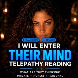 Könnte beinhalten: Eine digitale Grafik mit einer Person mit langem dunklem Haar und dem Text: SAME HOUR, DETAILED, I WILL ENTER THEIR MIND, TELEPATHY READING, WHAT ARE THEY THINKING?, PRIVATE, HONEST, PERSONAL. Das Design verwendet blauen und weißen Text auf dunklem Grund.
