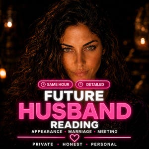 May include: A digital graphic featuring a person with dark wavy hair and the text: SAME HOUR, DETAILED, FUTURE HUSBAND READING, APPEARANCE, MARRIAGE, MEETING, PRIVATE, HONEST, PERSONAL. The text is displayed in white and neon pink against a dark background.