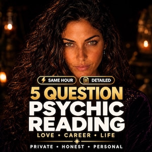 May include: A digital graphic featuring a person with long dark wavy hair and the text: SAME HOUR, DETAILED, 5 QUESTION PSYCHIC READING, LOVE, CAREER, LIFE, PRIVATE, HONEST, PERSONAL. The design uses gold and white lettering against a dark background.