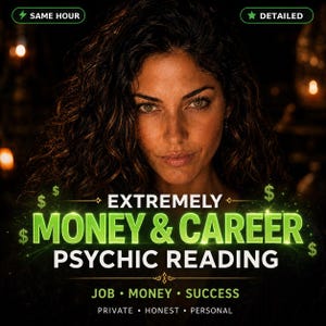 May include: A digital graphic featuring a person with dark wavy hair and the text: SAME HOUR, DETAILED, EXTREMELY MONEY & CAREER PSYCHIC READING, JOB MONEY SUCCESS, PRIVATE HONEST PERSONAL, accented with green dollar signs and glowing light effects.