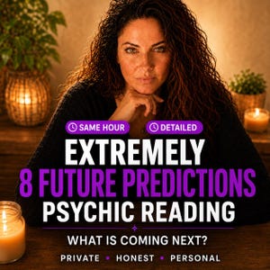 Puede incluir: Un gráfico digital con el texto: SAME HOUR, DETAILED, EXTREMELY 8 FUTURE PREDICTIONS PSYCHIC READING, WHAT IS COMING NEXT?, PRIVATE, HONEST, PERSONAL. El fondo muestra a una persona con cabello oscuro y rizado vistiendo un suéter negro.