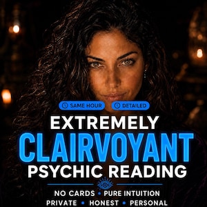 May include: A digital graphic featuring a person with dark wavy hair and the text: SAME HOUR, DETAILED, EXTREMELY CLAIRVOYANT PSYCHIC READING, NO CARDS, PURE INTUITION, PRIVATE, HONEST, PERSONAL, with a blue eye icon and glowing blue text accents.