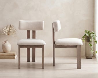 Set van 2 beige eetkamerstoelen in mid-century stijl – gestoffeerde stoelen met houten frame, moderne keuken- en eetkamerstoelen voor thuis