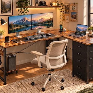 May include: An L-shaped desk with a rustic brown wood-grain surface and a black metal frame. It features a five-drawer cabinet, a side shelf for a computer tower, and a light grey ergonomic office chair with wheels positioned in front of the desk.