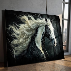 Quadro da parete in vetro temperato con maestoso cavallo bianco e nero, stampa su vetro di uno stallone dalla criniera fluente, ritratto di animale equestre, spedizione gratuita.