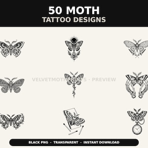 Könnte beinhalten: Eine Sammlung von 50 schwarz-weißen Motten-Tattoo-Designs mit verschiedenen Illustrationen, darunter Motten mit Himmelsymbolen, floralen Elementen, Skeletthänden und einer Taschenuhr. Der Text 50 MOTH TATTOO DESIGNS ist oben zu sehen.