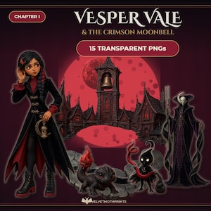Könnte beinhalten: Eine digitale Sammlung mit dem Titel Vesper Vale & The Crimson Moonbell mit 15 transparenten PNGs. Das Bild zeigt eine Figur in einem schwarzen Mantel, ein dunkles gotisches Gebäude mit einer Glocke, ein kleines Wesen und eine große, gehüllte Gestalt.