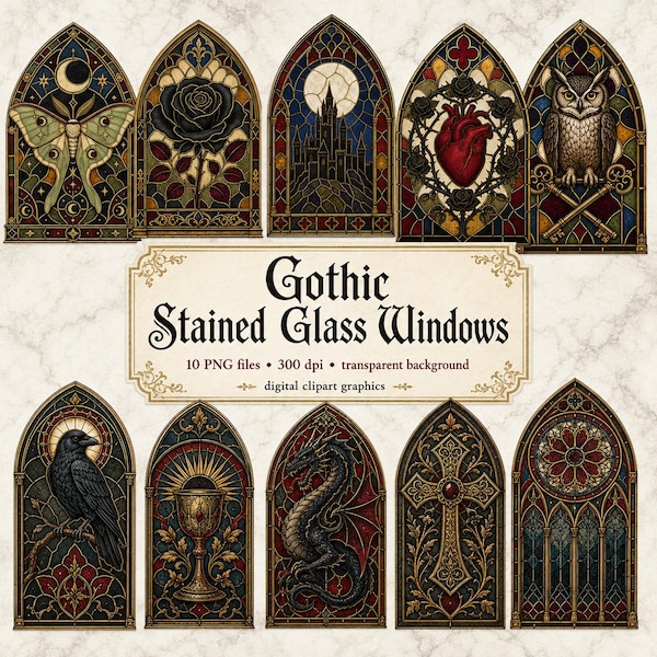 Stained Glass PNG Bundle, 10 Gothic Cathedral Window Cliparts for Journals and Crafts