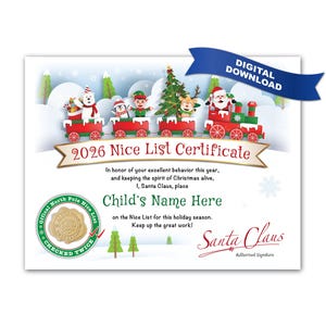 Puede incluir: Un certificado 2026 Nice List con un tren rojo que transporta un oso polar, un pingüino, un elfo, un reno y Santa Claus. El documento incluye el texto 'Child's Name Here', un sello dorado y una banda azul que dice 'DIGITAL DOWNLOAD'.