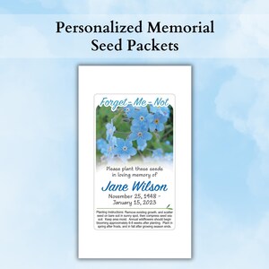50 Personalized MEMORIAL Seed Packets: Forget Me Not Flowers - Funeral Keepsakes, Favours - Celebration of Life