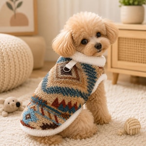 May include: A small, light brown dog wearing a textured, sleeveless fleece vest. The vest features a geometric pattern in shades of blue, brown, and cream, with a white faux-fur collar and trim, and a silver metal D-ring attached at the neck.