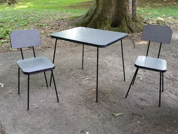 MCM Children s Formica Play Table and Chair Set Gray Tweed Pattern