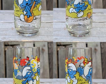 Smurf Glass Drink Tumblers Glasses 1982-83 Hardee's Libbey Anchor