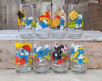 Smurf Glass Drink Tumblers Glasses 1982-83 Hardee's Libbey Anchor