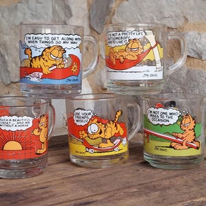 May include: Set of five glass mugs featuring Garfield the cat in various humorous situations. Each mug has a different quote from Garfield, including "I'm easy to get along with when things go my way", "It's not a pretty life but somebody has to live it", "Such a beautiful sunset...and me without a horde", "Use your friends wisely", and "I'm not one who rises to the occasion".