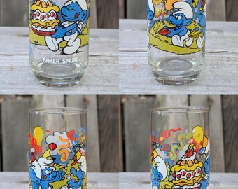アメリカン雑貨 SMURF スマーフ 1983 ビンテージグラス 2個セット Smurf Glass Drink Tumblers Glasses 1982-83 Hardee's Libbey Anchor