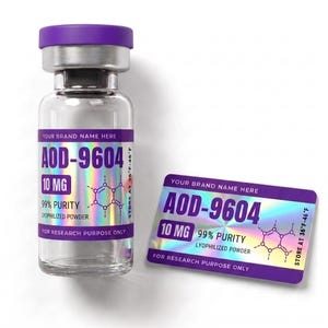 May include: A clear glass vial with a purple cap and a matching rectangular label. The label features the text AOD-9604, 10 MG, 99% PURITY, LYOPHILIZED POWDER, FOR RESEARCH PURPOSE ONLY, and STORE AT 36°F-46°F with a holographic background.