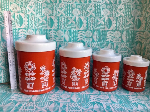 Vintage Red And White Mod Flower Super Cute Kitchen Canisters Etsy