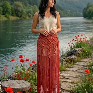 Op de afbeelding: Een mouwloze beige top gecombineerd met een lange, roestkleurige macramé rok. De rok heeft een ingewikkeld geknoopt ruitpatroon bij de taille en heupen, dat overgaat in lange, verticale franjes die tot op de grond reiken.