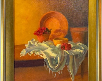 Cuadro al óleo enmarcado de 16x20 pulgadas "Naranja sobre blanco" de la pintora de Maine Susan Roux / Naturaleza muerta impresionista