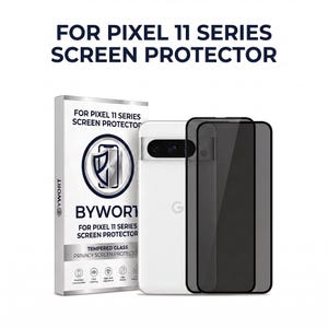 May include: A white smartphone with a triple-lens camera array is displayed next to a rectangular product box labelled FOR PIXEL 11 SERIES SCREEN PROTECTOR BYWORT. Two dark, rectangular tempered glass privacy screen protectors are positioned in front.
