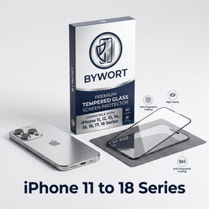 Könnte beinhalten: Eine Bywort Premium-Displayschutzfolie aus gehärtetem Glas mit einem silbernen Smartphone und einer Schutzfolie auf einem Reinigungstuch. Die Verpackung zeigt die Kompatibilität mit iPhone 11 bis 18 Serien, 9H-Härtegrad und Anti-Fingerabdruck-Beschichtung.