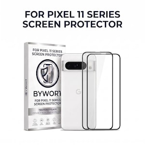 May include: A white smartphone with a horizontal camera bar and two black-bordered tempered glass screen protectors. The packaging box is white with dark blue text reading FOR PIXEL 11 SERIES SCREEN PROTECTOR and the brand name BYWORT.