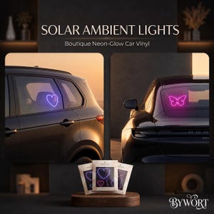 May include: Solar ambient lights, boutique neon-glow car vinyl. The image displays car window decals featuring a purple heart and a pink butterfly. Three product packages are shown at the bottom, each displaying the Bywort brand name.