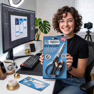 May include: A pair of Bywort scissors in blue and white retail packaging featuring stainless steel blades, laser-guided cutting technology, and easy-grip handles. The packaging includes the text As Seen On TV and product feature descriptions.