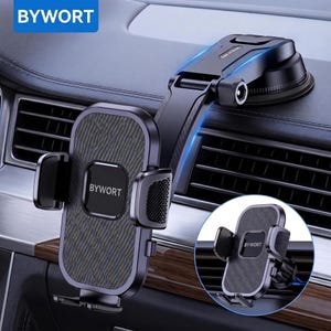 May include: A black BYWORT car phone mount with an adjustable arm and a suction cup base. The mount features a textured back panel, side gripping arms, and a bottom support shelf. The brand name BYWORT is printed on the centre of the mount.