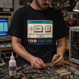 May include: A black t-shirt featuring a graphic of a retro computer system message window. The design includes a pixelated information icon, Ctrl and S keyboard keys, and the text "YOUR CULTURE." in a bold, blocky, pixel-style font.