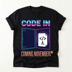 Maglietta Code In / Case per programmazione Retro Neon progettato per un impatto elevato, uscite di novembre