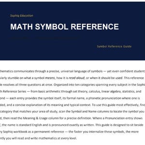 May include: A dark blue educational reference guide titled MATH SYMBOL REFERENCE by Sophiq Education. The document provides a detailed explanation of mathematical symbols, including their formal names, phonetic pronunciations, and usage contexts.