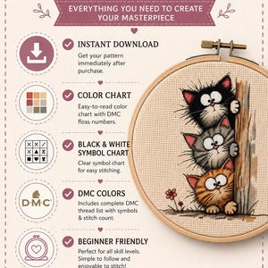 May include: A cross stitch pattern information sheet titled WHAT'S INCLUDED? featuring a wooden embroidery hoop with a stitched design of three stacked cats. The text lists features including instant download, color chart, symbol chart, and DMC colors.