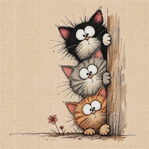 May include: A cross-stitch pattern on beige fabric featuring three cats stacked vertically, peeking from behind a wooden post. The top cat is black, the middle is grey, and the bottom is orange. A small red flower grows near the base of the post.