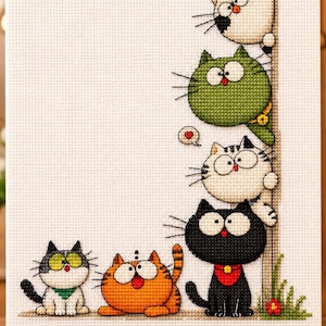 Puede incluir: Un bordado de punto de cruz sobre tela blanca con seis gatos de dibujos animados. Cuatro gatos están apilados verticalmente a lo largo de un poste marrón a la derecha, mientras que dos gatos están sentados abajo. Son negros, blancos, verdes y naranjas.