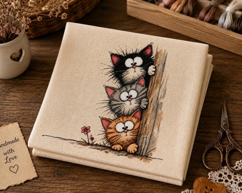 May include: A square piece of beige fabric featuring a cross-stitch embroidery of three stacked cats peeking from behind a wooden post. The top cat is black, the middle is gray striped, and the bottom is orange striped, all with wide eyes.