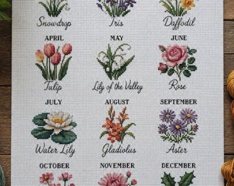 Monthly Birth Flowers Cross Stitch Pattern PDF
