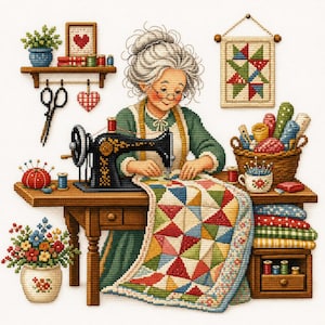 Schema per punto croce "Vintage Sewing Grandma" (download in PDF)