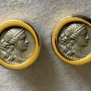 British Museum Artemis Clip On Earrings, Ancient Greek Macedonian Tetradrachm Coin Replica, 1980s Gold Pewter History Gift Jewelry